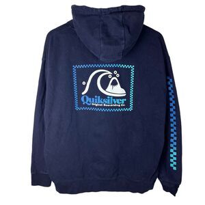 VTG Y2K Quiksilver Mens Sz L Hoodie Sweatshirt Logo Skater Surfing Casual Cyber